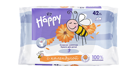 Детская влажная туалетная бумага Happy с календулой, 42 шт./уп.